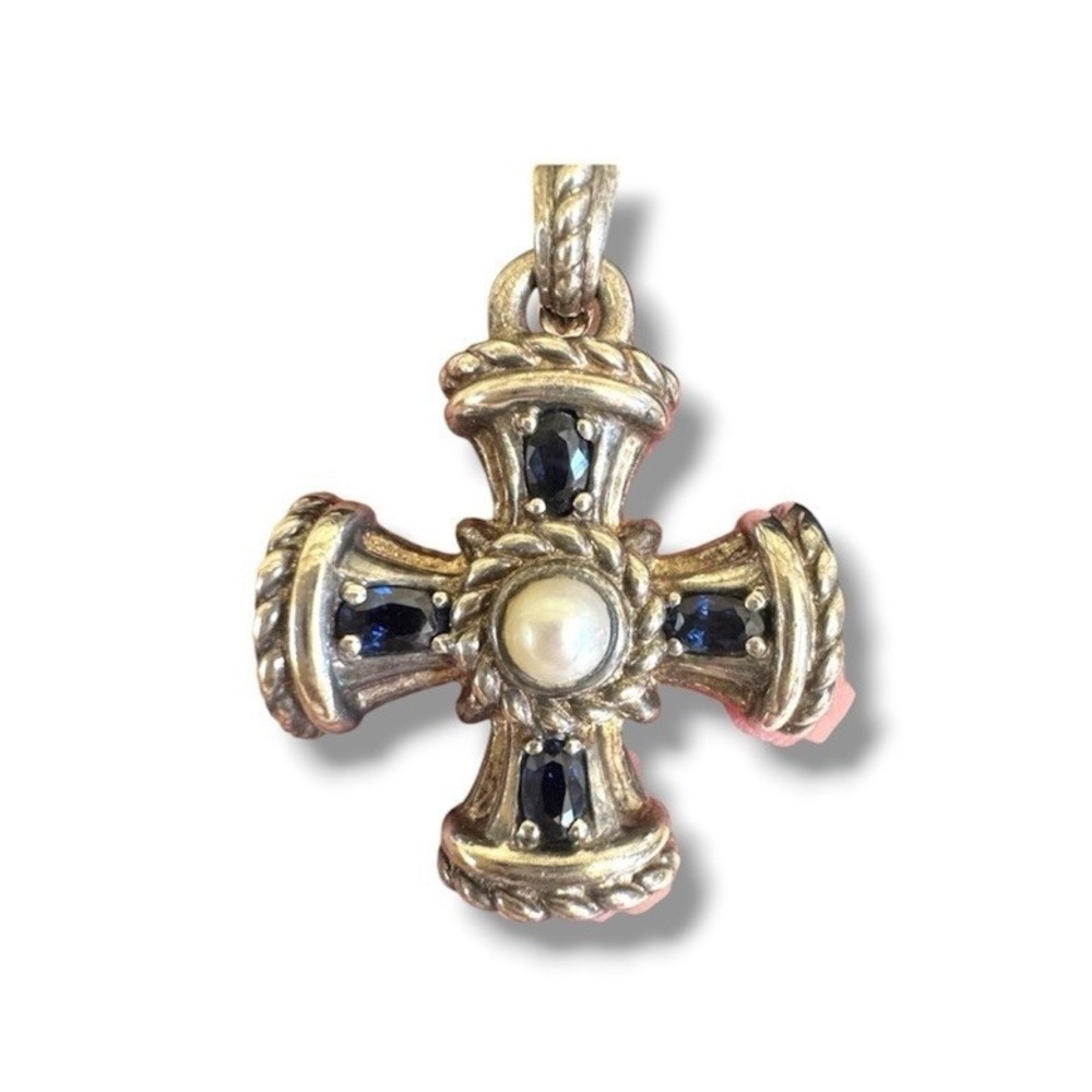 Judith Ripka Sterling Silver Sapphire & Pearl Cross/Crucifix Pendant Enhancer